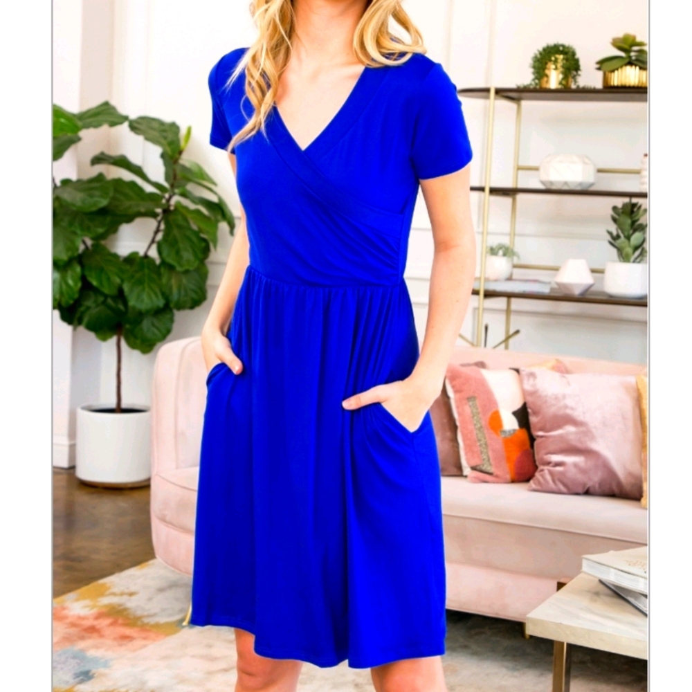 Short Sleeve Solid Wrap Pocket Dress Royal